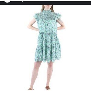 Gabby‎ Skye Green Blue Chiffon Floral Print Ruffled Tiered Short Dress Size 12
